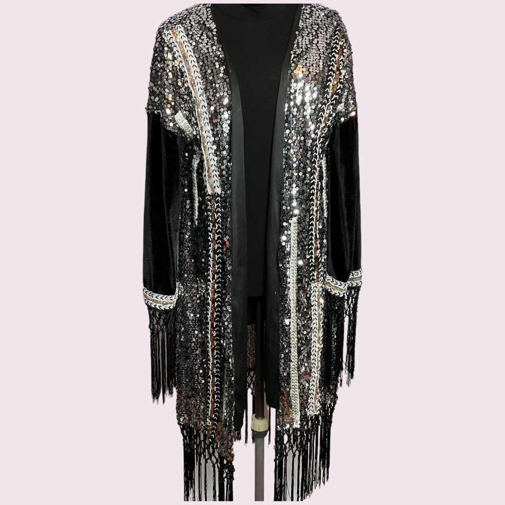 Nasty Gal Silver & Black Sequin Duster with Fringe - Size M/L